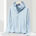 Women's light blue UPF 50+ sun protection jacket with hood and thumbholes - Women's Magnolia Blue
