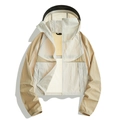 Women's UV protection hooded jacket in cream and beige color block design - S / Kaolin White/Apricot Coffee
