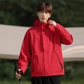 Waterproof red hooded windbreaker jacket for men shown in an outdoor mountain hiking scene - S / Men's China Red