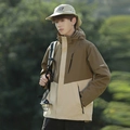 Outdoor hooded jacket for men in brown and beige patchwork with zip pocket - S / Men's Gold-Beige