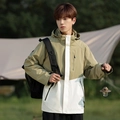 Three-in-one outdoor jacket in khaki and white patchwork with hood and zip pockets - S / Men's Bronze Green-Ivory White