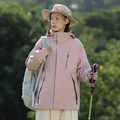 Women's light pink waterproof windbreaker jacket with hood for outdoor hiking and trekking - S / Women's Pink