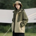 Women's outdoor jacket with army green and beige color block panels and matching hat - S / Women's Army Green-Khaki