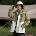 Outdoor waterproof hooded jacket in color-block cream and olive green with pocket details - S / Women's Bronze Green-Ivory White