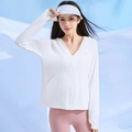 Giacca protettiva solare UPF 50+ da donna in seta ghiaccio bianca con cappello - M / Bianco Crema