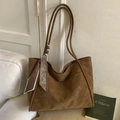 Vintage brown suede tote bag with decorative polka dot silk scarf handle detail - Brown