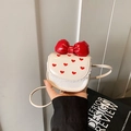 Mini cream crossbody bag with red heart embroidery and large bow detail for girls - White