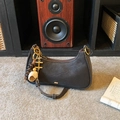 Vintage dark brown half-moon bag with adjustable strap and decorative metal charms - Coffee with Pendant