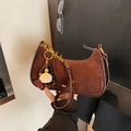 Brown suede half-moon underarm bag with golden H charm and retro beaded pendant - Suede Coffee With Pendant