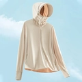 Beige UPF50+ sun protection jacket with hood, face mask and thumbholes for outdoor use - M / Women's Camellia White