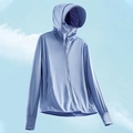 Light blue UPF50+ sun protection jacket with hood and face cover for summer outdoor use - M / Men's Sky Blue