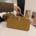 Grande trousse de maquillage voyage en cuir camel avec double fermeture éclair - Marron