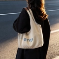 Minimalist off-white canvas tote bag with GTYLF embroidery and brown leather straps - Off-white