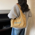 Large khaki canvas tote bag with blue letter embroidery and leather straps - Khaki