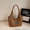 Brown canvas hobo tote bag with blue GTYLF embroidery and dark leather handles - Brown