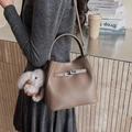 Brown litchi leather bucket bag with silver buckle and grey rabbit plush pendant - Elephant Gray with Charm