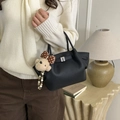 Minimalist black lychee texture bucket bag with cute bear charm and silver buckle - Black with Pendant