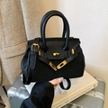 Classic black litchi pattern leather handbag with gold hardware and top handle - Black