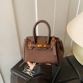 Retro dark brown litchi pattern handbag with gold clasp and detachable shoulder strap - Brown