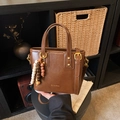 Brown vintage faux leather bucket bag with decorative colorful beads and shoulder strap - Brown