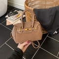 Brown litchi texture leather handbag with gold buckle and detachable shoulder strap - Brown