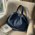 Grand sac cabas en denim bleu foncé avec double poignée et bandoulière réglable pratique - Bleu foncé