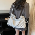 Minimalist large capacity tote bag in matte light grey leather with adjustable shoulder strap - Blue