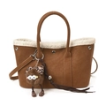 Brown bucket bag with white faux fur trim and cute plush monster charm accessory - With Pendant / Brown