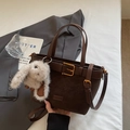 Dark brown suede bucket bag with buckle detail and plush rabbit charm accessory - Coffee with Pendant