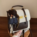 Retro two-tone beige and brown backpack with cute plush bear charm and metal plate - With Charm / Off White