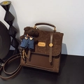 Retro dark brown vintage backpack in suede and leather with a cute plush bear charm - With Charm / Brown