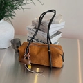 Brown suede vintage cylinder tote bag with black leather straps and mini bag charm - With Pendant / Brown