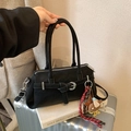 Retro black matte handbag with metal buckle, side bear charm and shoulder strap - With Charm / Black