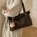 Deep brown retro shoulder bag in matte faux leather with a cute plush bear pendant - Coffee with Pendant