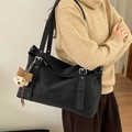 Black large capacity shoulder bag with silver buckles and a cute plush bear charm - Black with Pendant