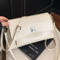 Minimalist cream white flap shoulder bag with silver rectangular metal buckle - Off-white