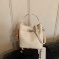 Cream-white woven bucket bag with silver metal twist lock and brown plush bear charm - Creamy White (With Bear Pendant)