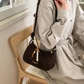 Retro dark brown leather underarm bag with beaded tassel and gold lettering detail - With Pendant / Brown