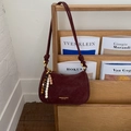 Retro dark red suede shoulder bag with beaded charm and elegant gold lettering detail - With Pendant / Burgundy