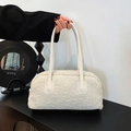 Minimalist creamy white faux fur underarm bag with sleek leather handles for women - White