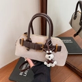 Beige suede shell bag with dark brown leather straps and schnauzer charm pendant - With Pendant / Khaki