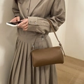 Brown lychee leather cylindrical cross body boston bag with adjustable shoulder strap - Brown