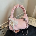 Bolso rosa plisado con lazo de encaje blanco y colgante de corazón de perlas - Estilo con Colgante / Rosa (Con Colgante)