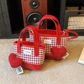Red and white checkered bucket bag with leather handles and heart plush keychain - Large / Red