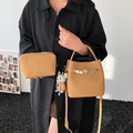Khaki bucket bag with lychee texture, silver buckle, and teddy bear charm accessory - Khaki Yellow (With Charm)