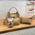 Chic camel faux leather bucket bag set with crochet bear charm and small pouch - Sand Apricot (With Charm)