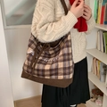 Vintage Beige karierte Tragetasche mit Cord-Spleißung und Schleifendetail an der Schulter - Khaki Karo