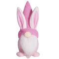 Pink knitted Easter bunny gnome plush ornament with long white beard on white background - Pink