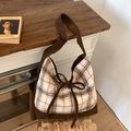 Vintage-Einkaufstasche mit braunem Karomuster, Cordnähten und dekorativer Schleife - Beige Kariert