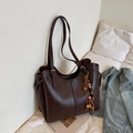 Retro large capacity tote bag in dark brown PU leather with stylish beaded tassel detail - Coffee (With Pendant)